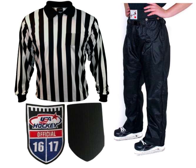 Hockey Referee Starter Package Required USA Hockey Equipment Kit - Includes Ice Hockey Referee Jersey, Stevens Shell Ice Hockey Refere Pants, EZ-Stick Crest Velcro and more